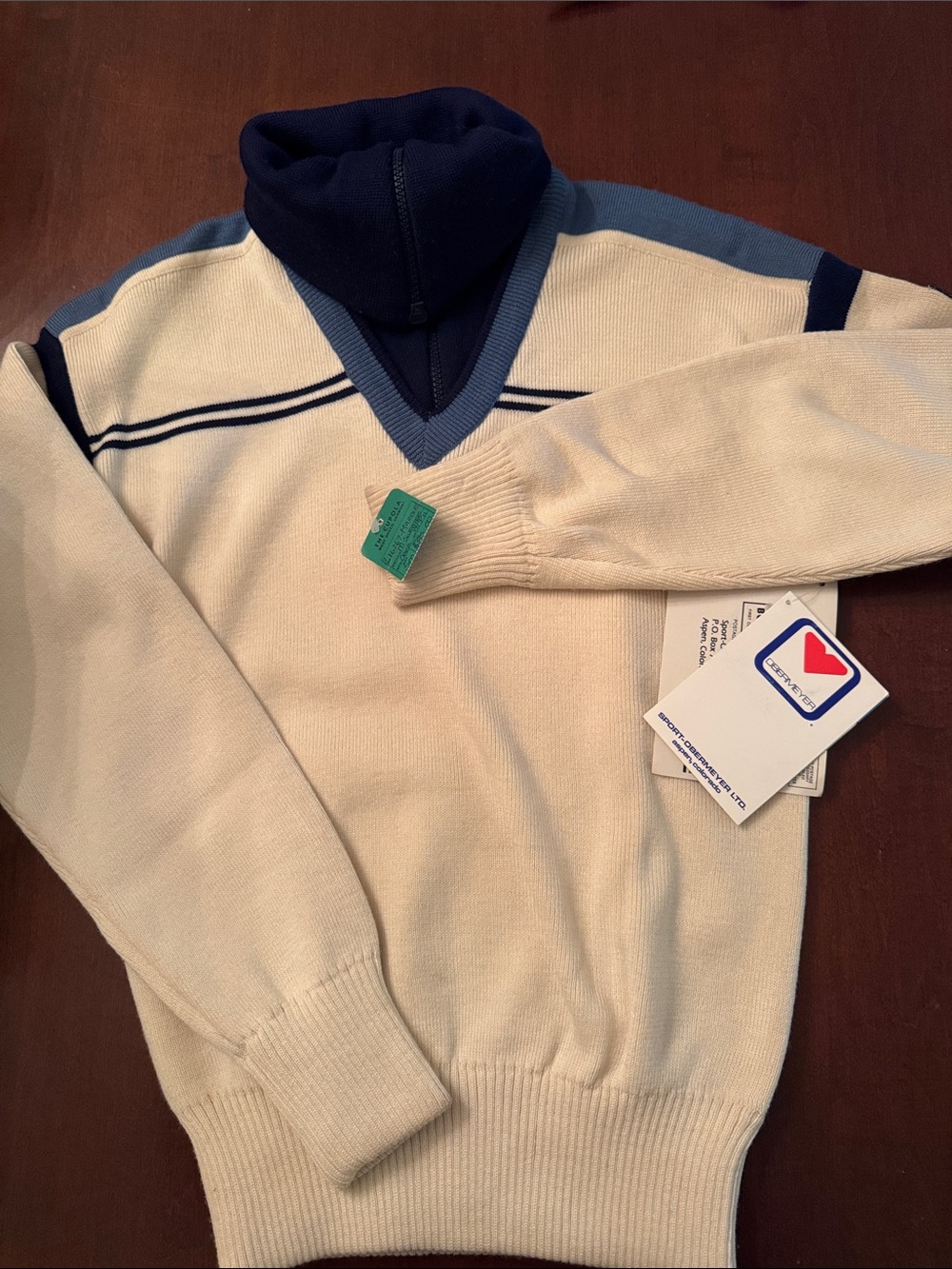 Obermeyer Cream V-Neck Sweater with Navy and Light Blue Trim